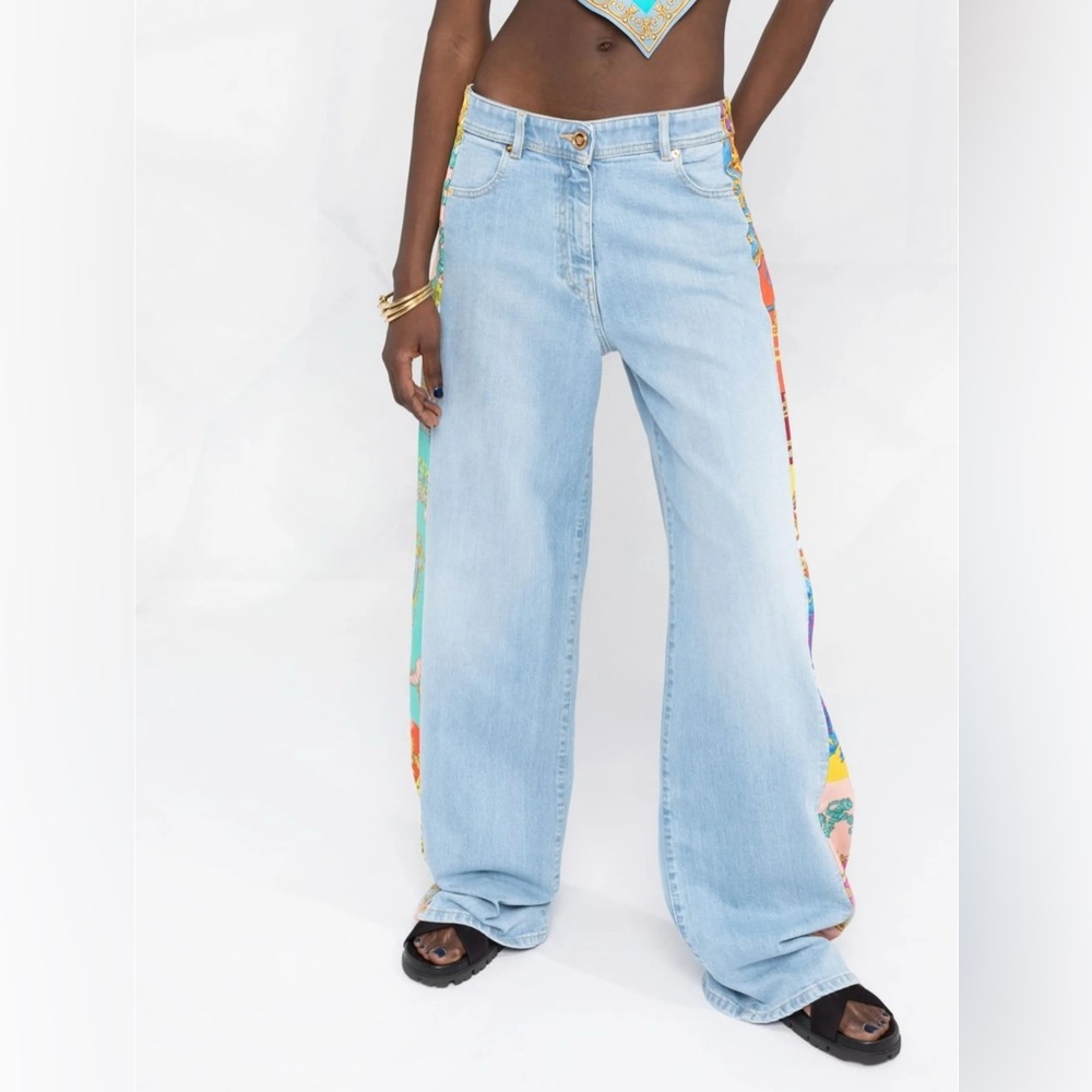 Versace Light Blue Flare Jeans with Multicolor Side Panels - Picture 5 of 11